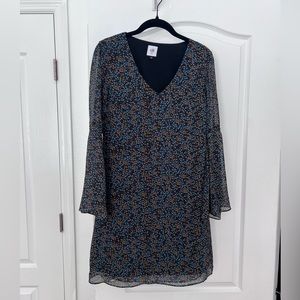Cabi Poise Dress Black Blue Multi Color V Neck Floral Bell Sleeve Shift SZ XXS
